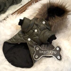 New PAWTU hooded faux fur puffer dog jacket.  Size XS.  Olive green/black.